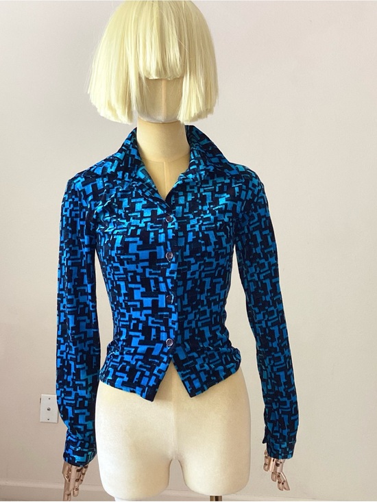 Bigi Tops - Bigi Sports Electric Blue Velvet Geometric Button-Down Shirt SZ XS